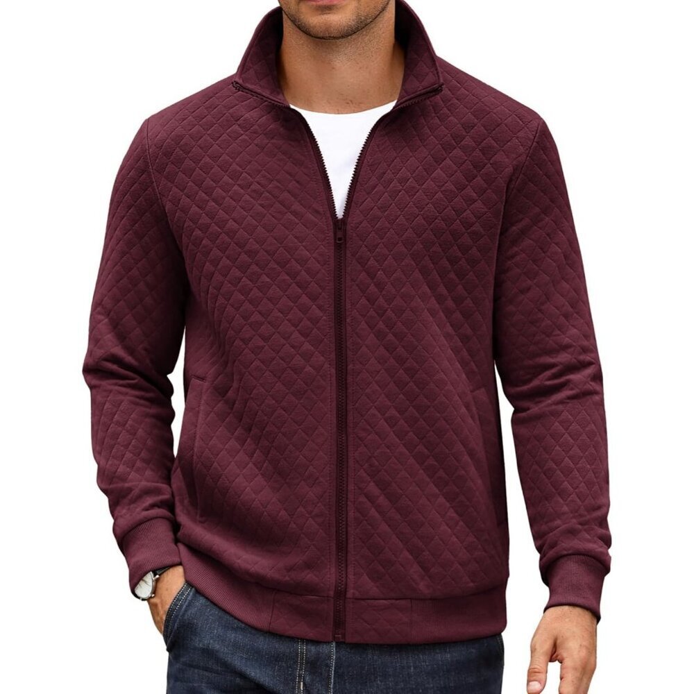COOFANDY Men Dark Red Zip Up Mock Neck Quilted Lightweight Sweater Jacket